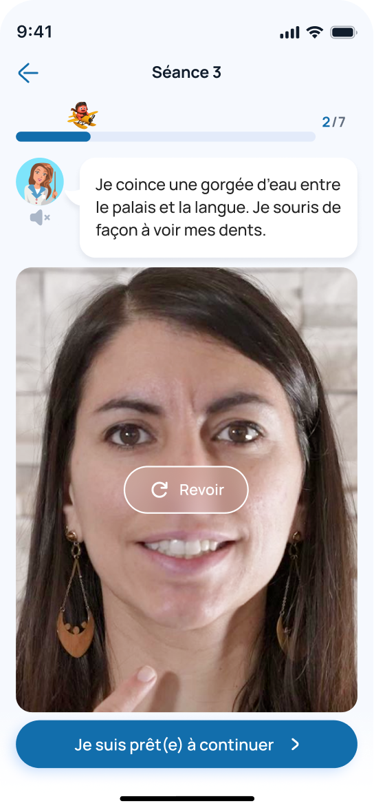 Exercices de rééducation linguale et de la déglutition dans l'application The Tongue Teacher